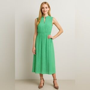 Anne Klein Green & White Dot Sleeveless Midi Drawstring Waist Dress Medium